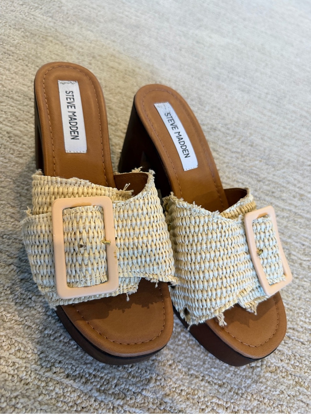 Steve Madden Natural Woven Buckle Slide Mules